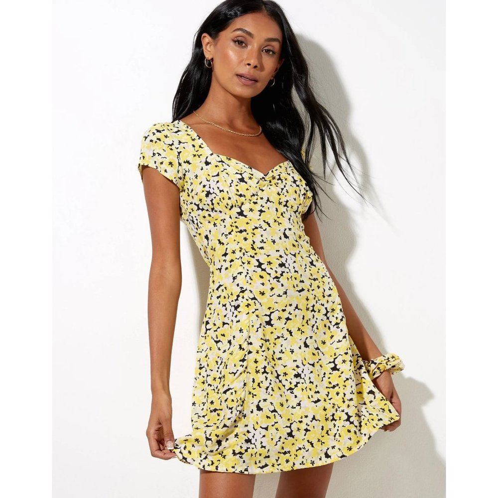Motel NWT Enali Yellow Floral  Twist-front Mini Dress size XS